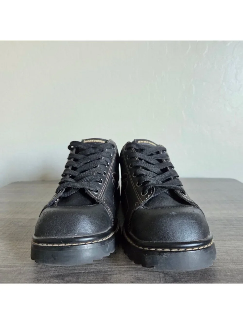 Vintage Skechers Jammers Leather Shoes Black Size 9.5 Chunky Y2K Platform Grunge